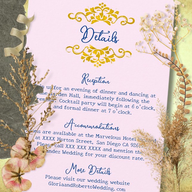 Pink Baroque Floral Heart Mexican Wedding Enclosure Card (Elegant pink Baroque enclosure with golden scrolls and blue script — timeless and romantic design.)