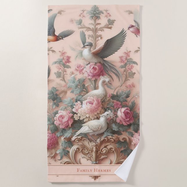 Pink Baroque Rococo Flower Morris  Beach Towel (Front)