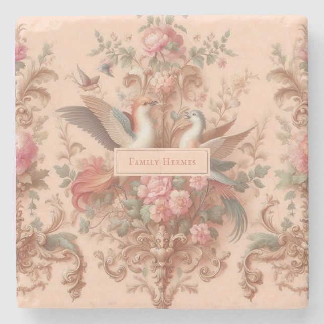 Pink Baroque Rococo Flower Morris  Stone Coaster (Front)