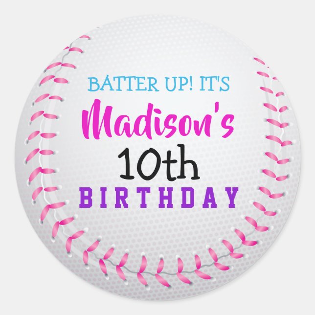 PINK BASEBALL Birthday Party Sticker (Front)