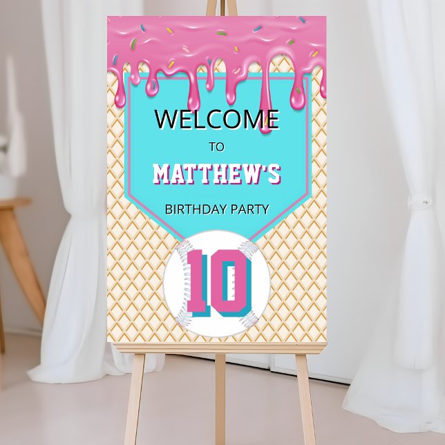 Pink Baseball Drip Birthday Welcome Sign (Pink Baseball Drip Birthday Party Welcome Sign)