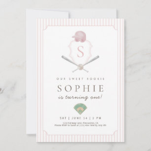 Pink Baseball Preppy Crest 1st Birthday Invitation