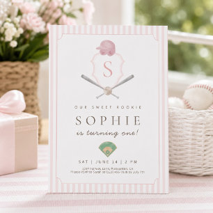 Pink Baseball Preppy Crest First Birthday invite