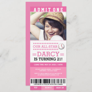 Pink Baseball Ticket Birthday Invites