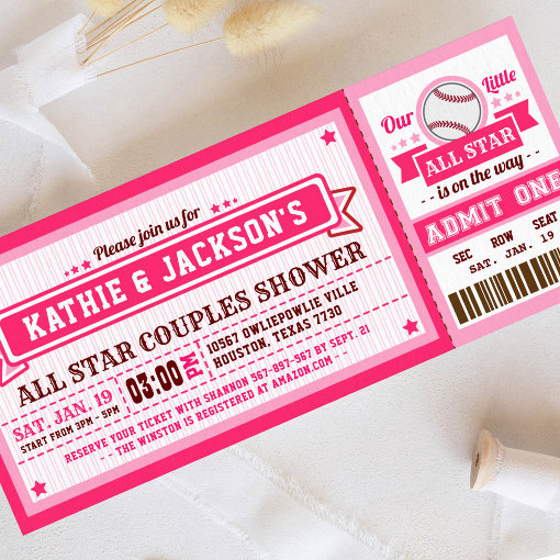 Pink Baseball Ticket Couple Baby Shower Invitation Zazzle