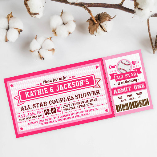 Pink Baseball Ticket Couple Baby Shower Invitation Zazzle