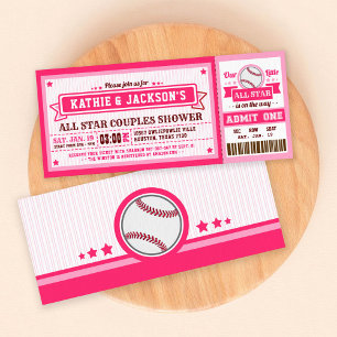 Pink Baseball Ticket Couple Baby Shower Invitation