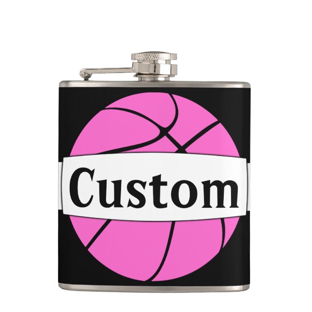 Pink Basketball Custom Team or Player Name Sports Flask (Front)