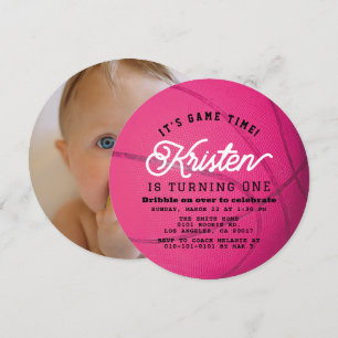 Pink Basketball Girl Photo 1st Birthday Circle Invitation