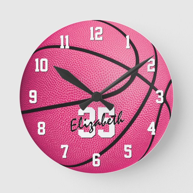 Pink basketball girls room decor personalized round clock (Front)
