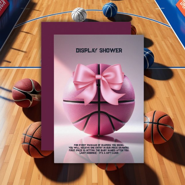 Pink Basketball Ribbon Bow Ball Baby Shower Enclosure Card (Creator Uploaded)