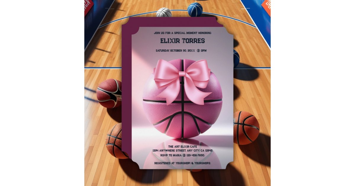 Pink Basketball Ribbon Bow Ball Baby Shower  Invitation