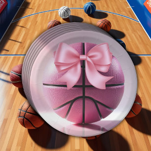 Pink Basketball Ribbon Bow Ball Baby Shower Paper Plates