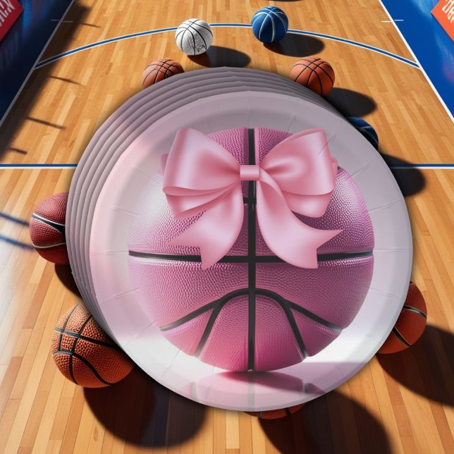 Pink Basketball Ribbon Bow Ball Baby Shower  Paper Plates (Creator Uploaded)