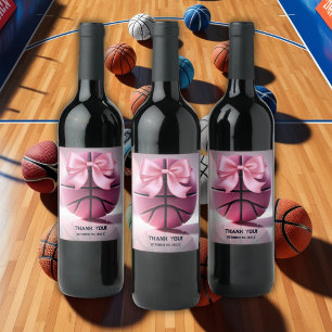 Pink Basketball Ribbon Bow Ball Baby Shower Wine Label