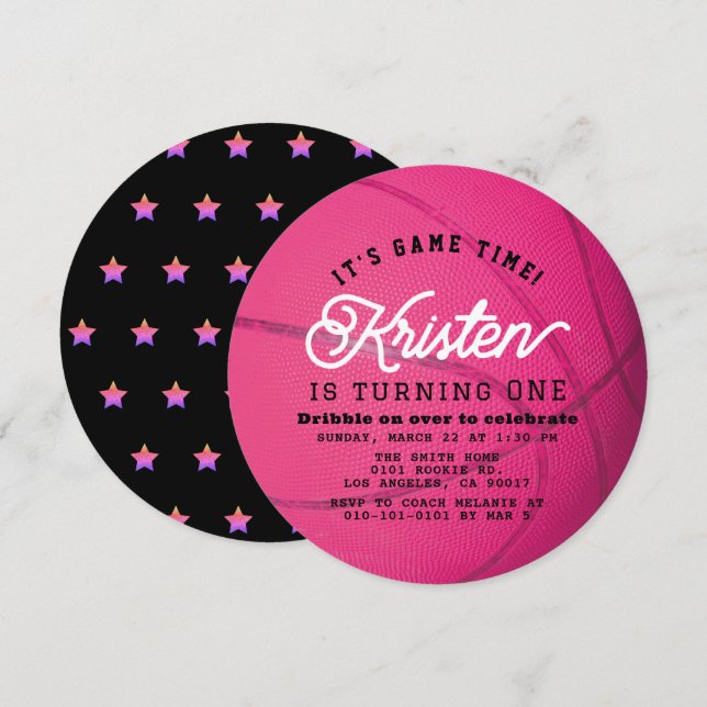 Pink Basketball Shape Girl 1st Birthday Circle Invitation (Front/Back)