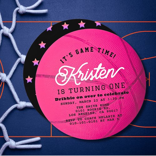 Pink Basketball Shape Girl 1st Birthday Circle