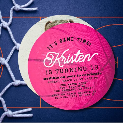 Pink Basketball Shape Photo Girl Birthday Circle