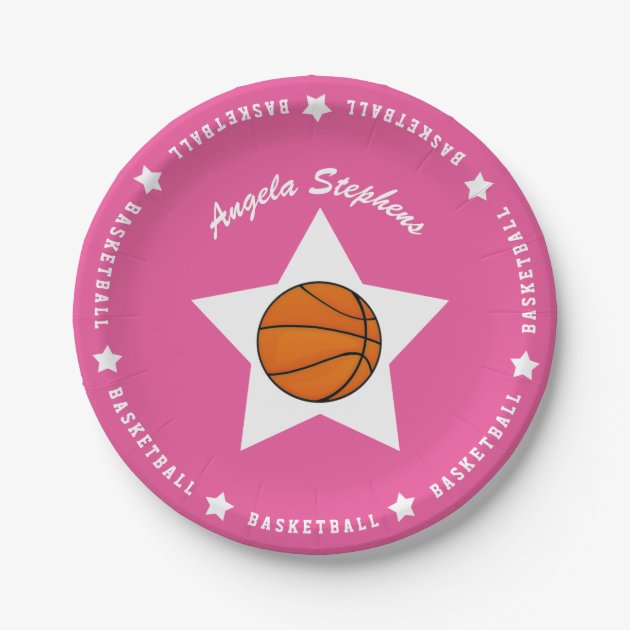 Pink Basketball Star Name Paper Plate