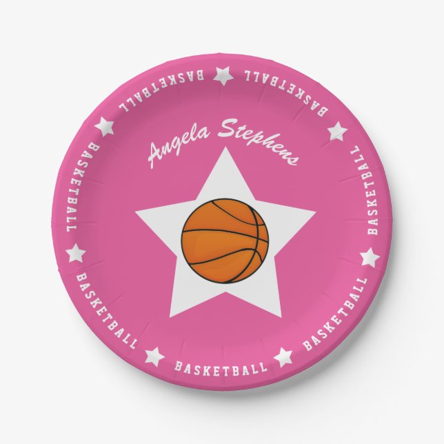 Pink Basketball Star Name Paper Plates (Front)