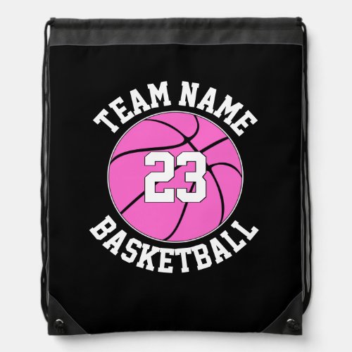 Pink Basketball Team Name and Player Number Custom Drawstring Bag
