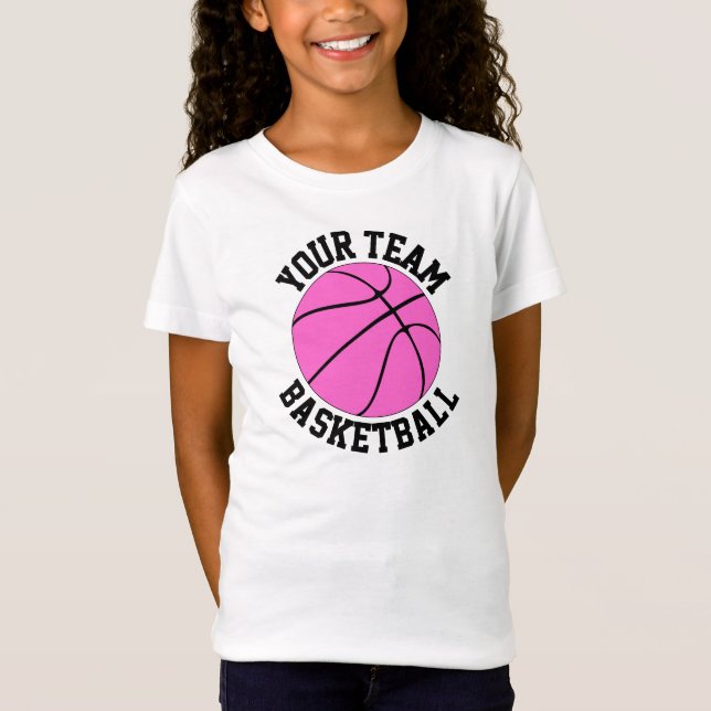 Pink Basketball Team Name, Player and Number Girls T-Shirt (Front)