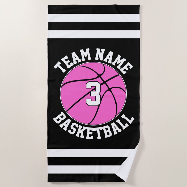 Pink Basketball Team Name & Player Number Custom Beach Towel Zazzle