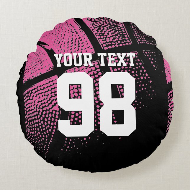 Pink basketball throw pillow with jersey number (Front)