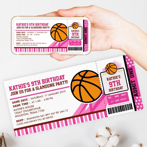 Pink Basketball Ticket Pass Birthday Invitation