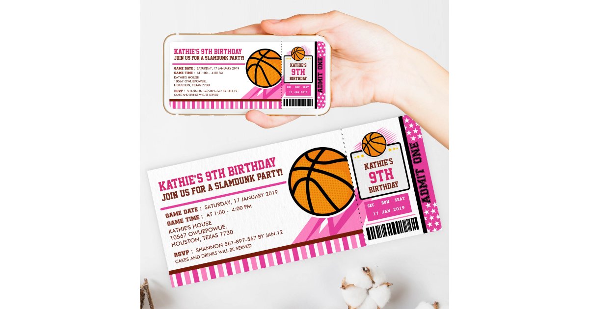 Pink Basketball Ticket Pass Birthday Invitation
