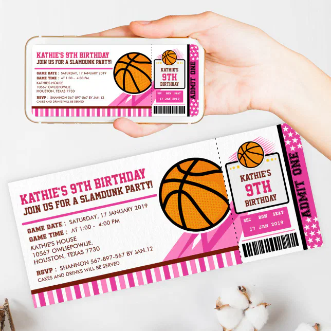 Pink Basketball Ticket Pass Birthday Invitation
