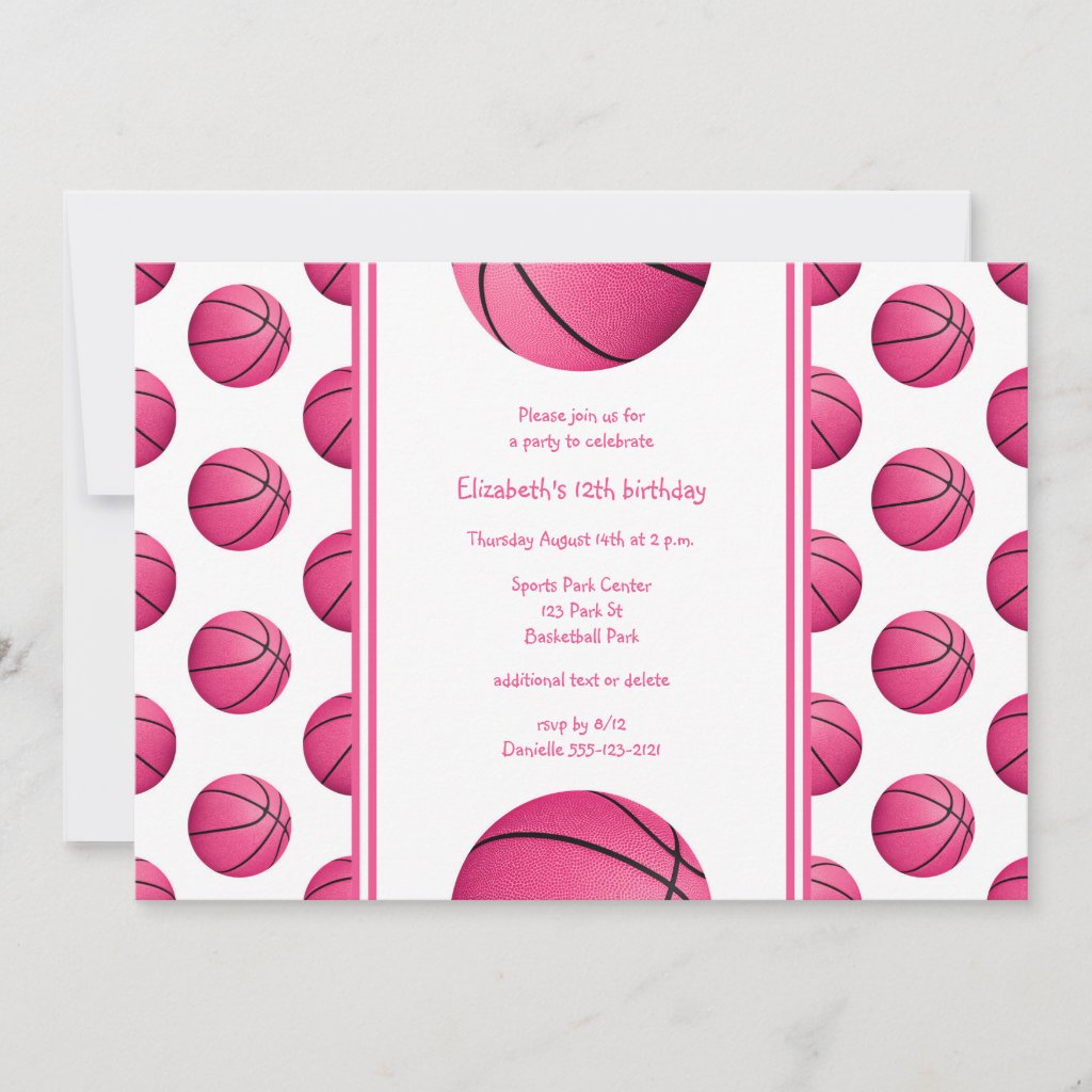 pink basketballs pattern sports birthday party invitation