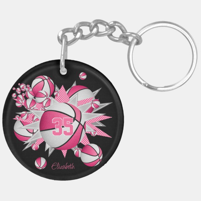 pink basketballs stars athlete jersey number keychain (Back Left)