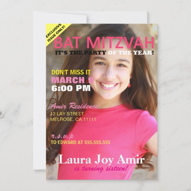 Pink Bat Mitzvah Magazine Cover Party Invitation (Front)