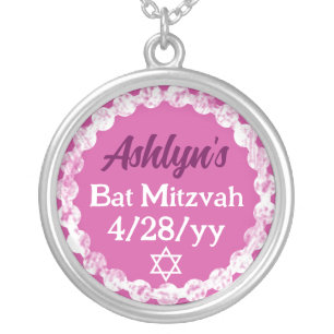 Pink Bat Mitzvah Personalized Charm Silver Plated Necklace