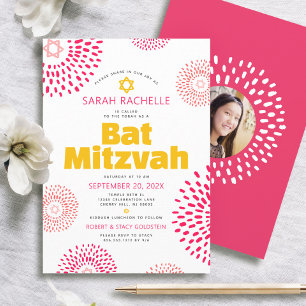 Pink Bat Mitzvah Photo Bold Cool Starburst Groovy Invitation