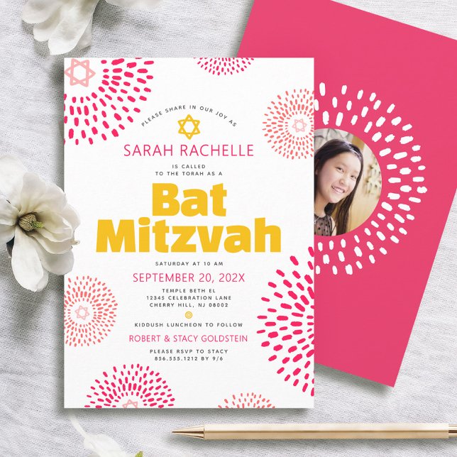 Pink Bat Mitzvah Photo Bold Cool Starburst Groovy Invitation (Creator Uploaded)