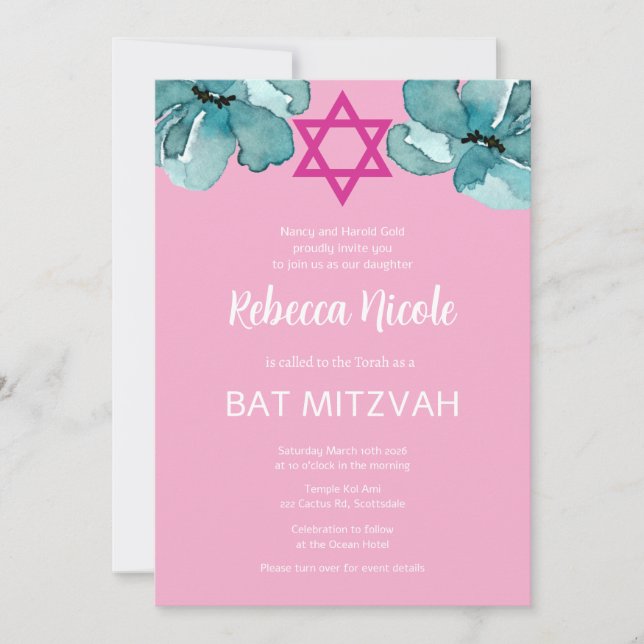 Pink Bat Mitzvah QR Code Invitation (Front)