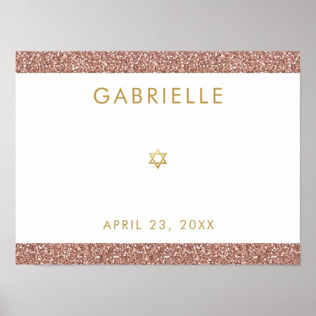 Pink Bat Mitzvah Rose Gold Glitter Sign-In Poster (Front)