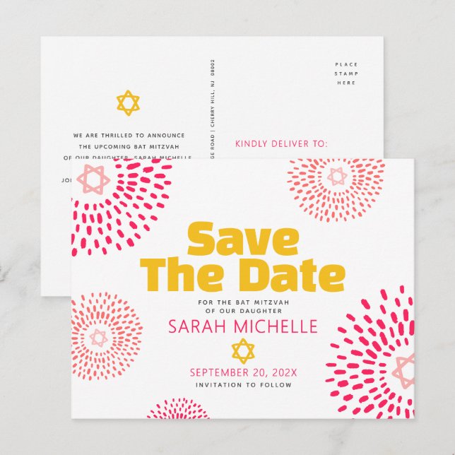 Pink Bat Mitzvah Save the Date Modern Starburst Invitation Postcard (Front/Back)