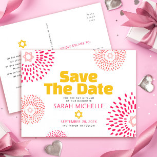 Pink Bat Mitzvah Save the Date Modern Starburst Invitation Postcard