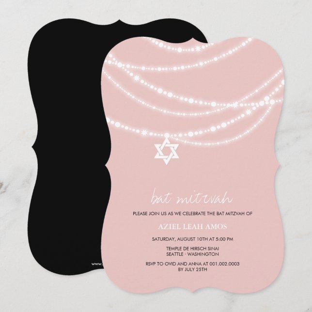 Pink Bat Mitzvah Sparkles Star Of David Invite (Front/Back)