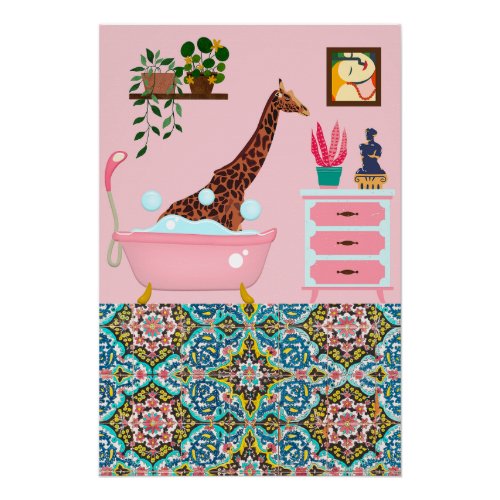 Pink Bathing Giraffe Wall Art Print