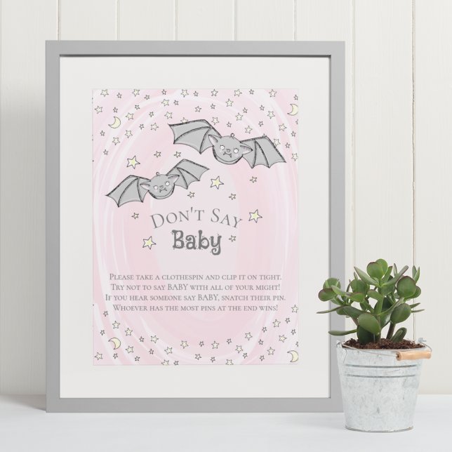 Pink Bats Don't Say Baby Baby Shower Game Poster (This cute Fall Baby Shower "Don't say Baby"game Features Hand-drawn Baby Bats & Stars in Black Ink.)