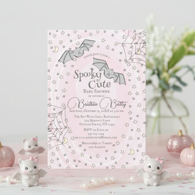 Pink Bats Spooky Cute Baby Shower Invitation (Spooky Cute Baby Bats Halloween Baby Shower. Baby Bats, Webs, Stars & Moons in Girly Pastel Pink)