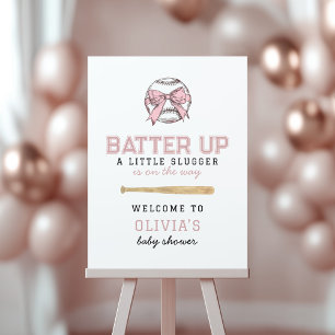 Pink Batter Up Baseball Girl Baby Shower Sign