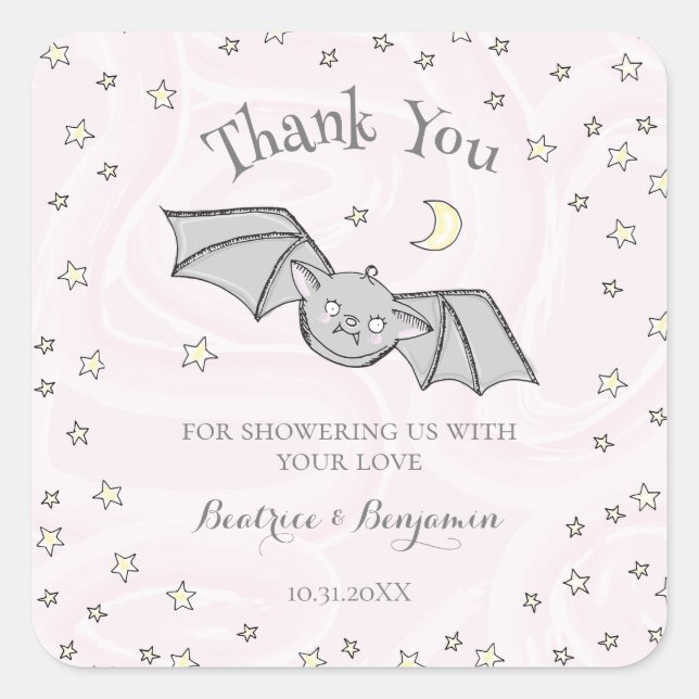 Pink Batty, Stars & Moons Spooky Cute Thank You Square Sticker (Front)