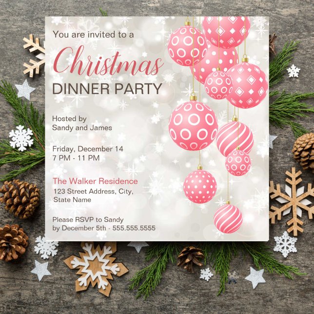 Pink baubles grey pastel colors background invitation (Pink baubles grey pastel colors background Christmas dinner party editable template invitation)