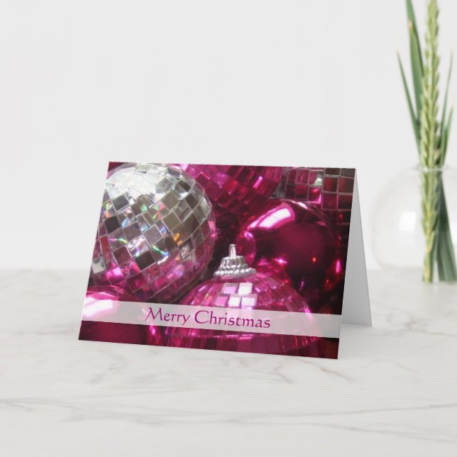 Pink Baubles 'Merry Christmas' stripe card (Front)