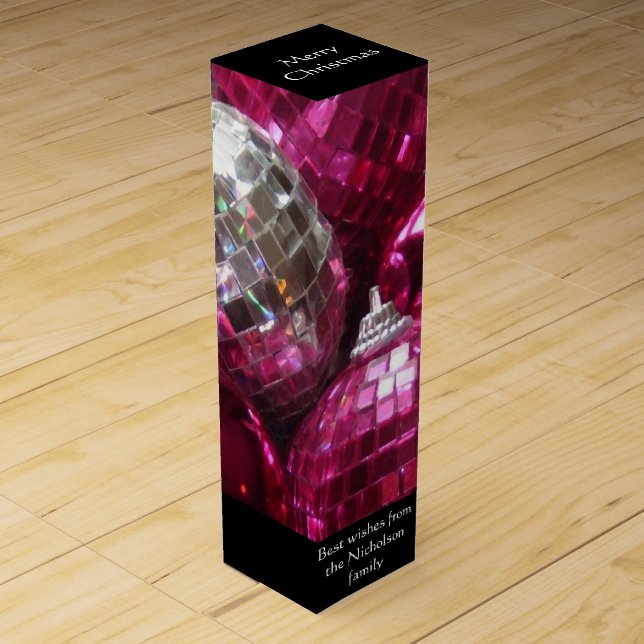 Pink Baubles Text wine gift box black (Front)